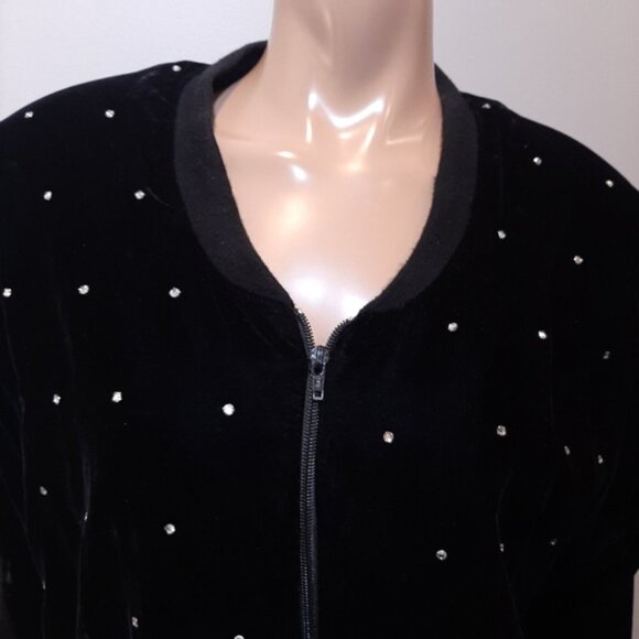 Vintage 80s Velvet Bomber Jacket Rhinestone Embellished Zip Front Velour Bling - Picture 2 of 16